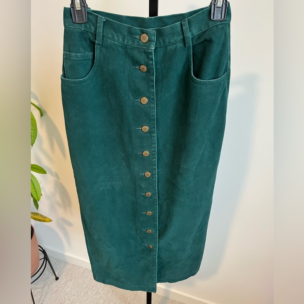 Vintage Emerald Green Button Front Denim Pencil Skirt Size 4 - Picture 5 of 9